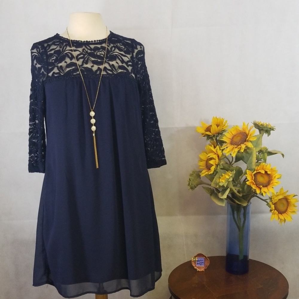 Lily Rose Navy Blue Lace 3/4 Sleeve Shift Dress size XSmall
